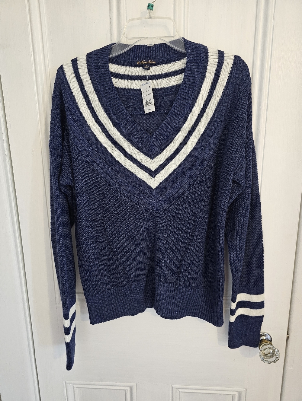 NEW Brooks Brothers Womens Large Relaxed Linen Tennis Sweater Navy V-Neck Preppy
